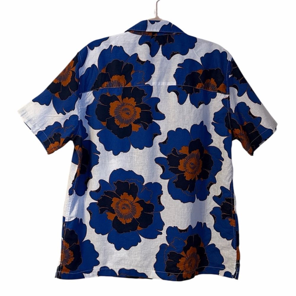 Gap Linen Blend Short Sleeve Button Down Shirt Men's L Blue Orange Floral Vacati - Picture 2 of 12